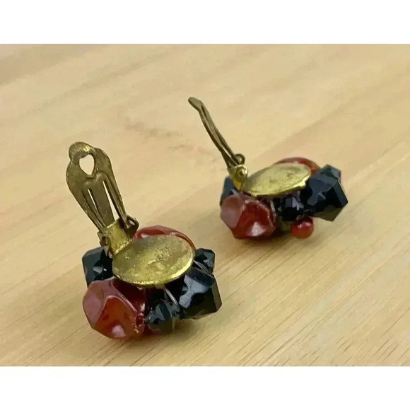 VTG Brown Black  Beaded Cluster Clip On Earrings Brass Germany 1960s - Picture 12 of 12